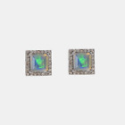 Natural Fire Opal And Diamond Halo Square Stud Earrings 925 Sterling Silver