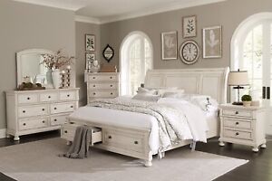 6pc Bedroom Set Classic White Queen Platform Bed Nightstand Dresser Mirror Chest