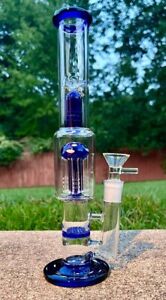 10” Glass Bong Bubbler W/ Percolator Water Pipe Honeycomb Filter Hookah Blue