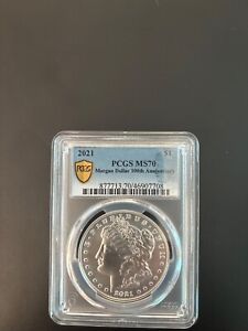 2021-P PCGS MS70 Morgan Silver Dollar 100th Anniversary Blue Label gold shield