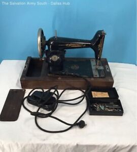 1920-30's Apartment Electric Sewing Machine in Wooden Case (Tested, Motor Turns)