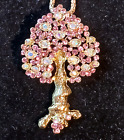 Beauty TREE of LIFE Pink FLOWER Leaves Gold Rhinestone Necklace Pendant BROOCH