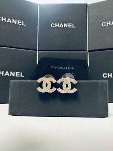 CHANEL  All Crystal Classic CC Logo Earrings XLARGE Gold Tone with Box