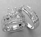 3t Real Moissanite 14K White Gold Plated His & Her Wedding Trio Ring Set