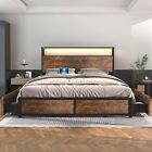 Full Queen Size Bed Frame Metal Platform Bed with LED Lights 4 Drawers Headboard