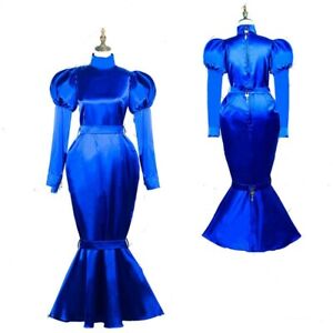 blue Sissy maid satin dress lockable Uniform cosplay costume Tailor-made