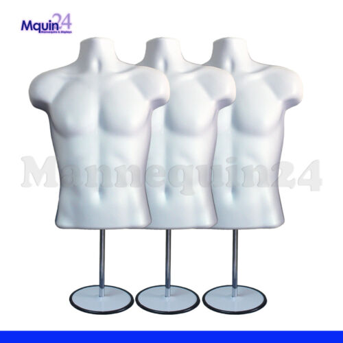 3 PACK MANNEQUIN MALE TORSOS + 3 STANDS + 3 HANGERS  WHITE MEN DRESS FORMS