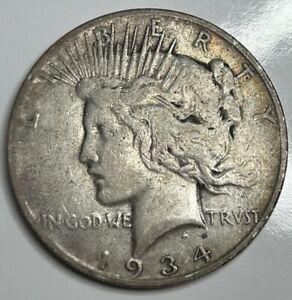 New Listing1934 S Peace Dollar Silver Fine +  TONED!