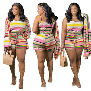 2pcs Pants Set Fashoin Womens Sleeveless Stripe Print Casual Short Outfits Cute