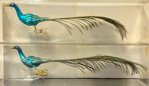 Vintage Hand Blown Mercury Glass Clip-on Bird Peacock Christmas Ornament Set 2