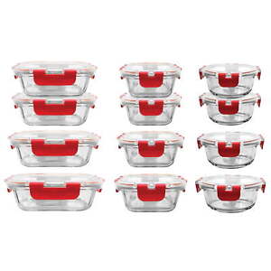 24-Piece Glass Food Storage Set with Locking Hinge Red Lids - Superior Quality