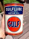 RARE 1930S VINTAGE GULF GULFLUBE MOTOR OIL OLD CHECKERBOARD 1 QT. OIL CAN SIGN