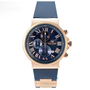 MEGIR Luxury Pink Steel & Chronograph Watch with Day & Blue Silicone Strap