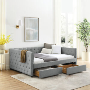 Twin Full Size Upholstered Daybed with Storage Drawers Sofa Bed for Living Room