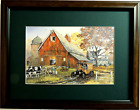 RED BARN PICTURE OLD MAIL TRUCK HOLSTEIN COWS TERRY DOUGHTY MATTED FRAMED 12X16