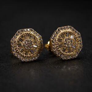 Men's Yellow Gold 925 Sterling Silver Iced Cz Octagon Cluster Stud Earrings