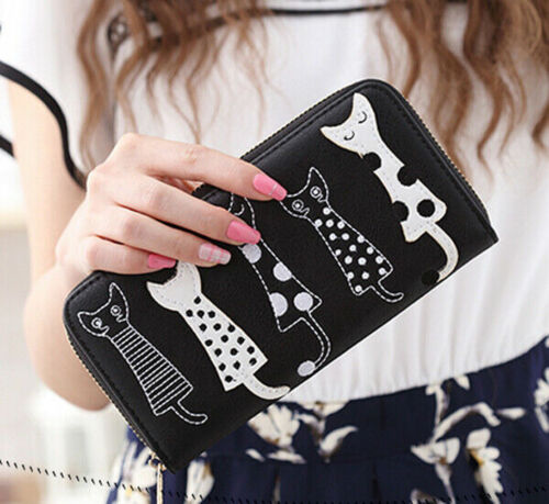 Women Leather Wallet Cute Cat Pattern Coin Card Holder Zipper Purse Long Handbag