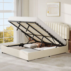 King Size Upholstered Platform Bed Frames Gas Lift Up Storage Bed w/ Headboard