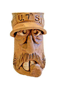 Mug Ugly Face Pottery Signed Vintage Handmade Stoneware US #7 Military JD