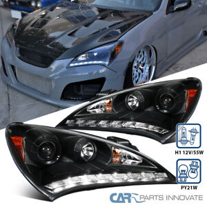 Black Fits 2010-2012 Hyundai Genesis 2Dr Coupe LED Strip Projector Headlights