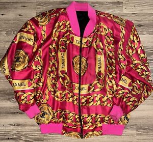 Silk Chanel Bomber Jacket Vintage Gold Chains Pink CC Logo Graphic 80s  Large