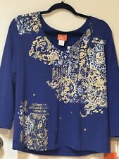 NWT Hearts of Palm LongSleeve Blue With Gold Embellish V-Neck Pullover Top Sz L