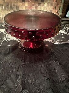 Vintage LE SMITH HTF Ruby Red Glass Hobnail Pedestal Cake Stand