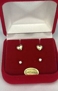 Lot x 2 Pairs VTG 14K Solid Yellow Gold CZ & Heart Stud Earrings