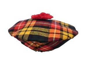 VTG Scottish Tartan Plaid Pom Pom 100% Wool Tam Golf Cap Hat EUC
