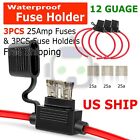 3 Pack 12 Gauge Mini ATC 25A Fuse Holder In Line AWG Wire Copper 12 Volt Blades