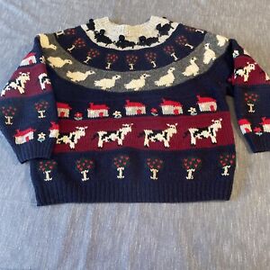 susan d hand knit barn farm duck cow aninal crew sweater shetland wool adult M