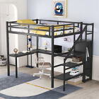 Metal Loft Bed w/Desk Wardrobe & Storage Staircas Full Size Black Bed Frames