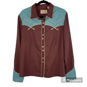 Scully Western Shirt Women's Size XL Embroidered Eagle Blue Brown Snap Retro
