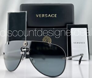 Versace Aviator Shield Sunglasses VE2243 10016G Gunmetal Frame Silver Mirrored