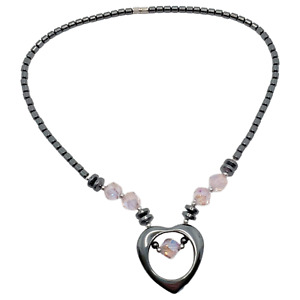 Hematite & Crystal Open Heart Pendant Necklace Pink Glass Bead 18