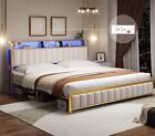 King Bed Frame with LED Light Headboard Modern Upholstered Platform Bed Frame