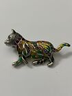 Sterling Silver Plique a Jour Cat Brooch with Rubies and Marcasites