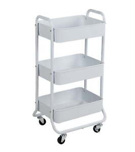 3 Tier Metal Utility Cart, Arctic White, Laundry Baskets, Easy Rolling