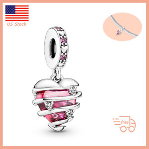 Authentic Pink Heart Dangle Charm Sterling Silver Gift Women Charm Bracelets