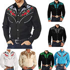 Mens Casual Buttons Down Western Cowboy Shirt Long Sleeve Retro Printed Shirts