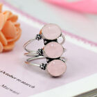Natural Oval Rose Quartz Ring, 925 Sterling Silver Three Stone Statement Ring