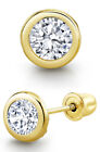 14K Solid Gold Simulated Diamond Round Bezel Screw-Back Stud Earrings CZ