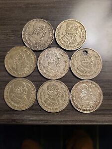 Lot of 8 Mexican 1 Un Peso 10% Silver Billon Coins 1958-1967 Mexico