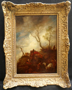 EARLY 19th CENTURY FLEMISH SCHOOL TRAVELLERS WOODLAND PATH ANTIQUE OIL Painting