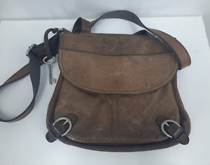 Fossil Long Live Vintage 1954 Brown Canvas Leather Shoulder Bag Buckles