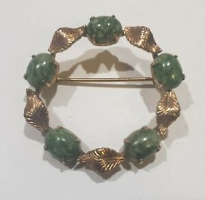 Vintage WRE Richards 12k Gold Filled Green Jade Wreath Pin Brooch