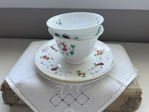 4pc - 2 Antique Soft Paste Handleless Teacups Saucers Plates Handpainted
