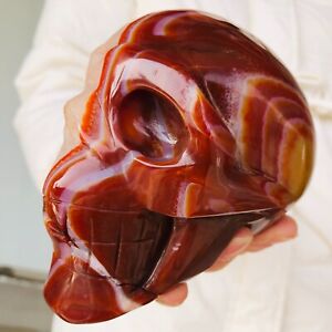 1082g Natural Red Striped Agate Quartz Crystal Skull Carving Mineral Healing