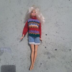 1988 Vintage Barbie Doll Christmas Sweater- Mattel Denim Fringe -Straight Hair
