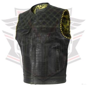 Crocodile Black Leather Vest Paisley Lining Motorbike Concealed Waistcoat anaaz